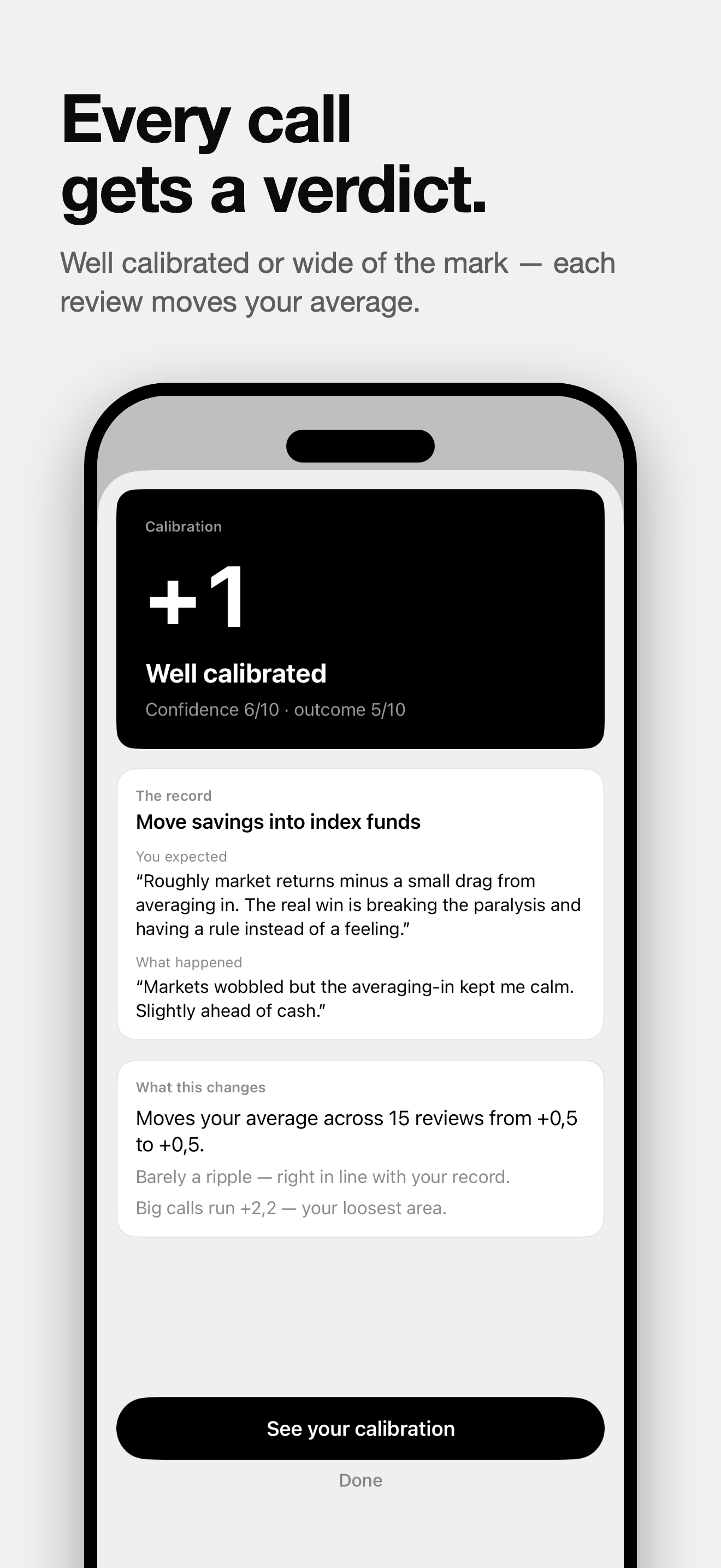 A finished review showing the verdict on one call